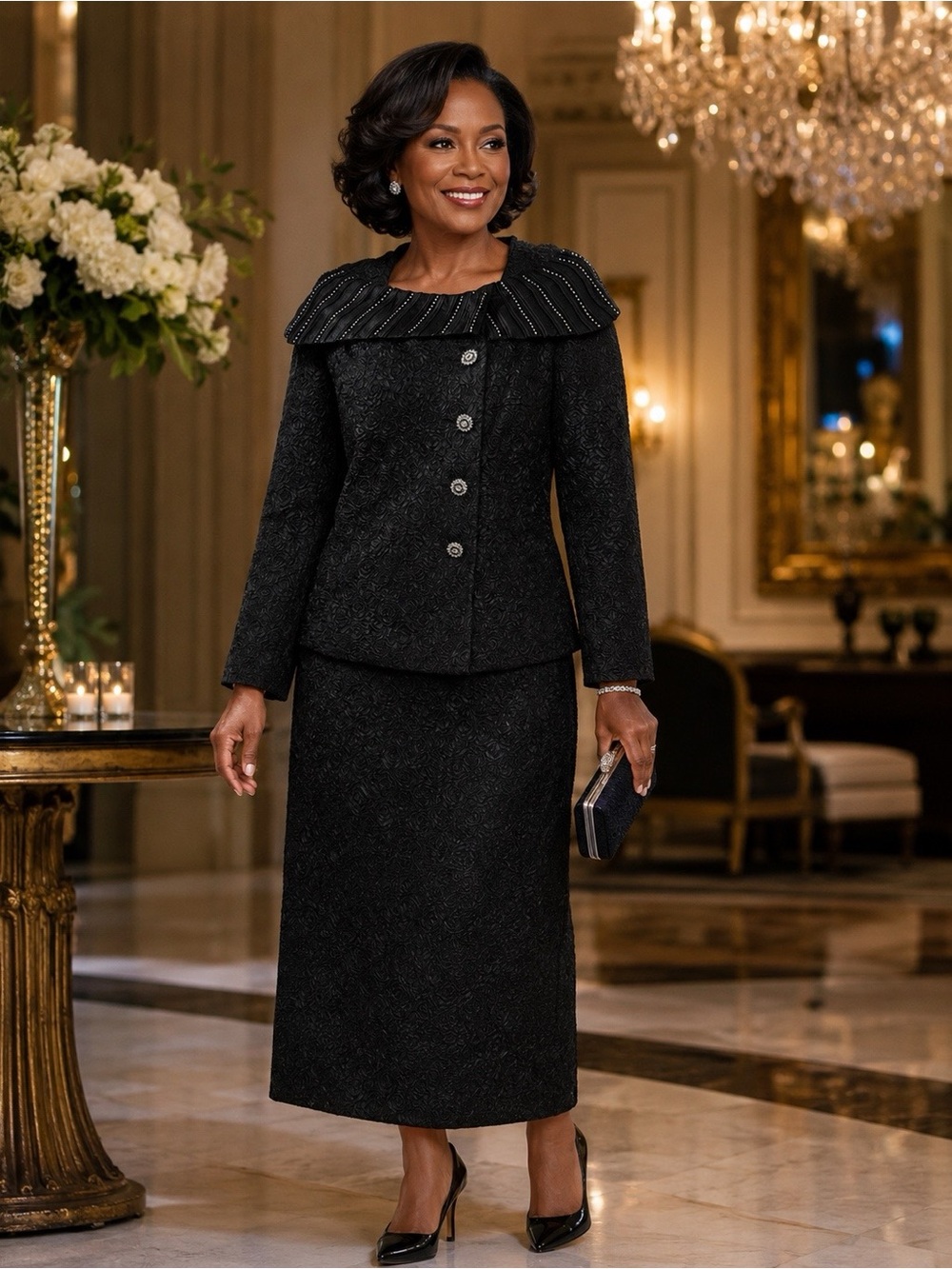 BMJ Studio Black Textured 2pc Skirt Suit Set Mother of the Bride Church Size 8
